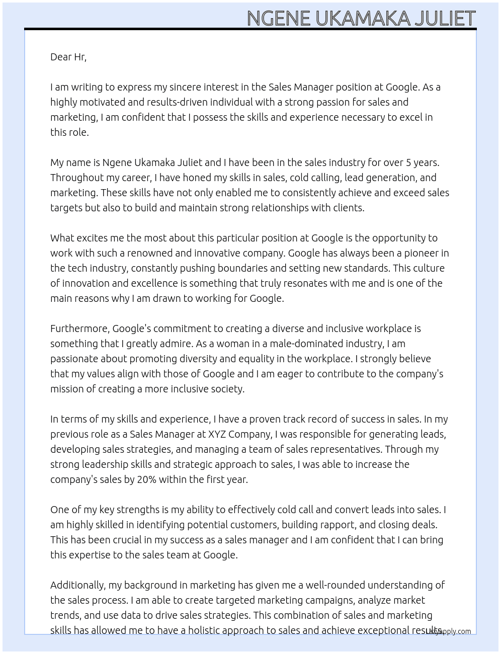 Sales manager At Google Cover Letter