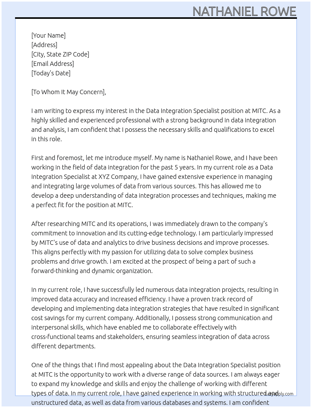 Data Integration Specialist At MITC Cover Letter