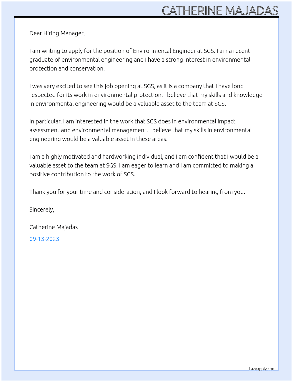 Environmental Engineer At SGS Cover Letter