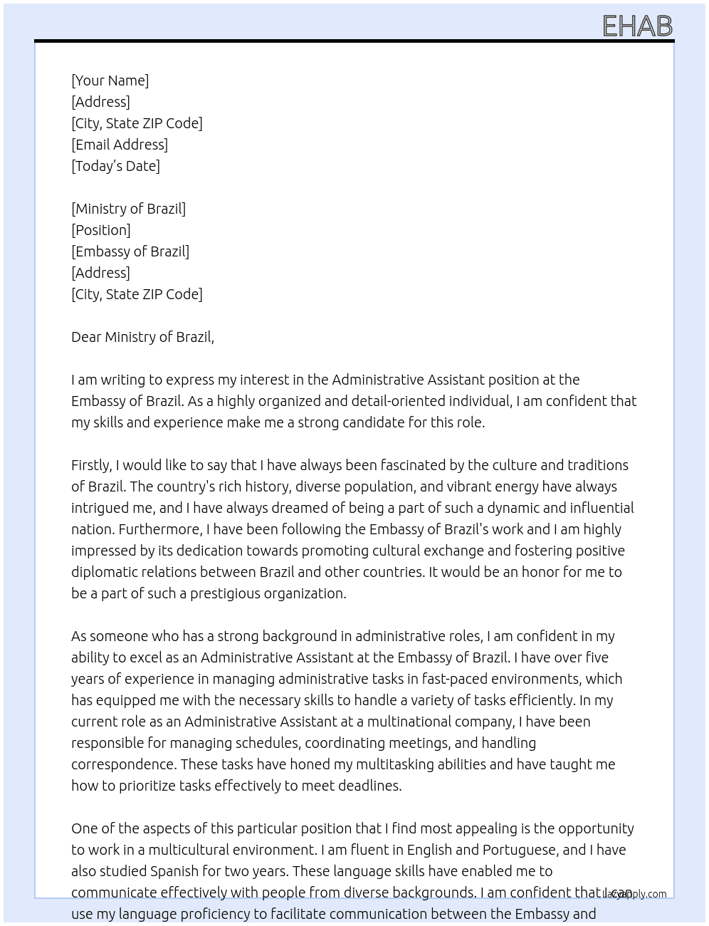 Administrative assistant At Embassy of Brazil  Cover Letter
