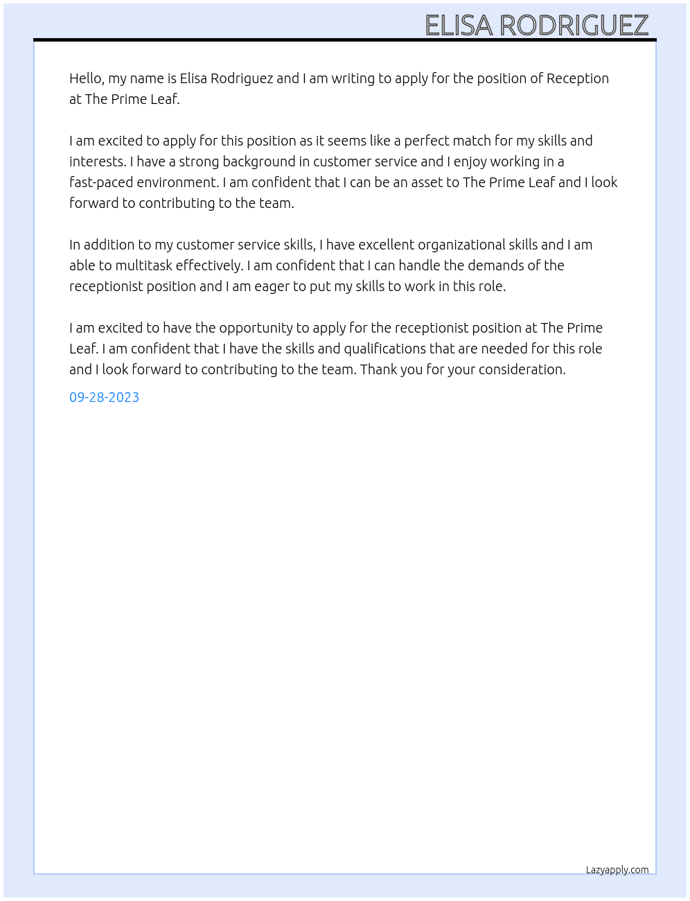 Reception At The Prime Leaf  Cover Letter