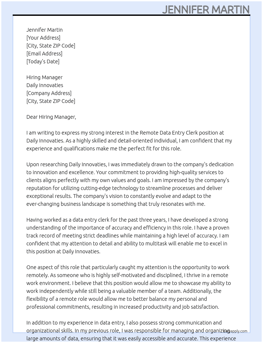remote data entry clerk At Daily Innovaties Cover Letter