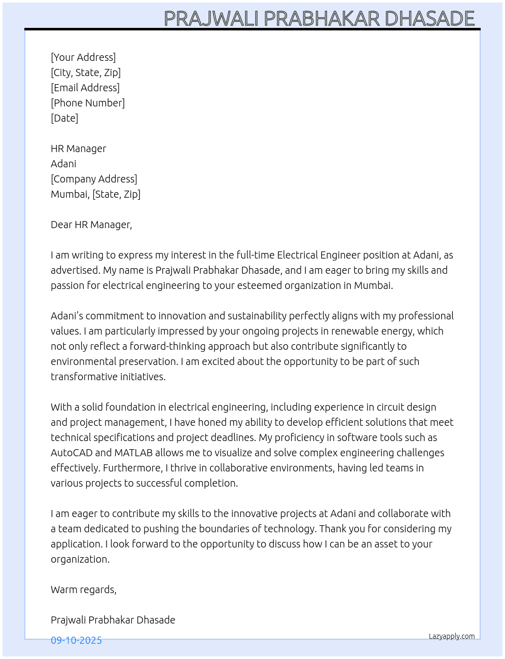 Electrical engineer  At Adani Cover Letter