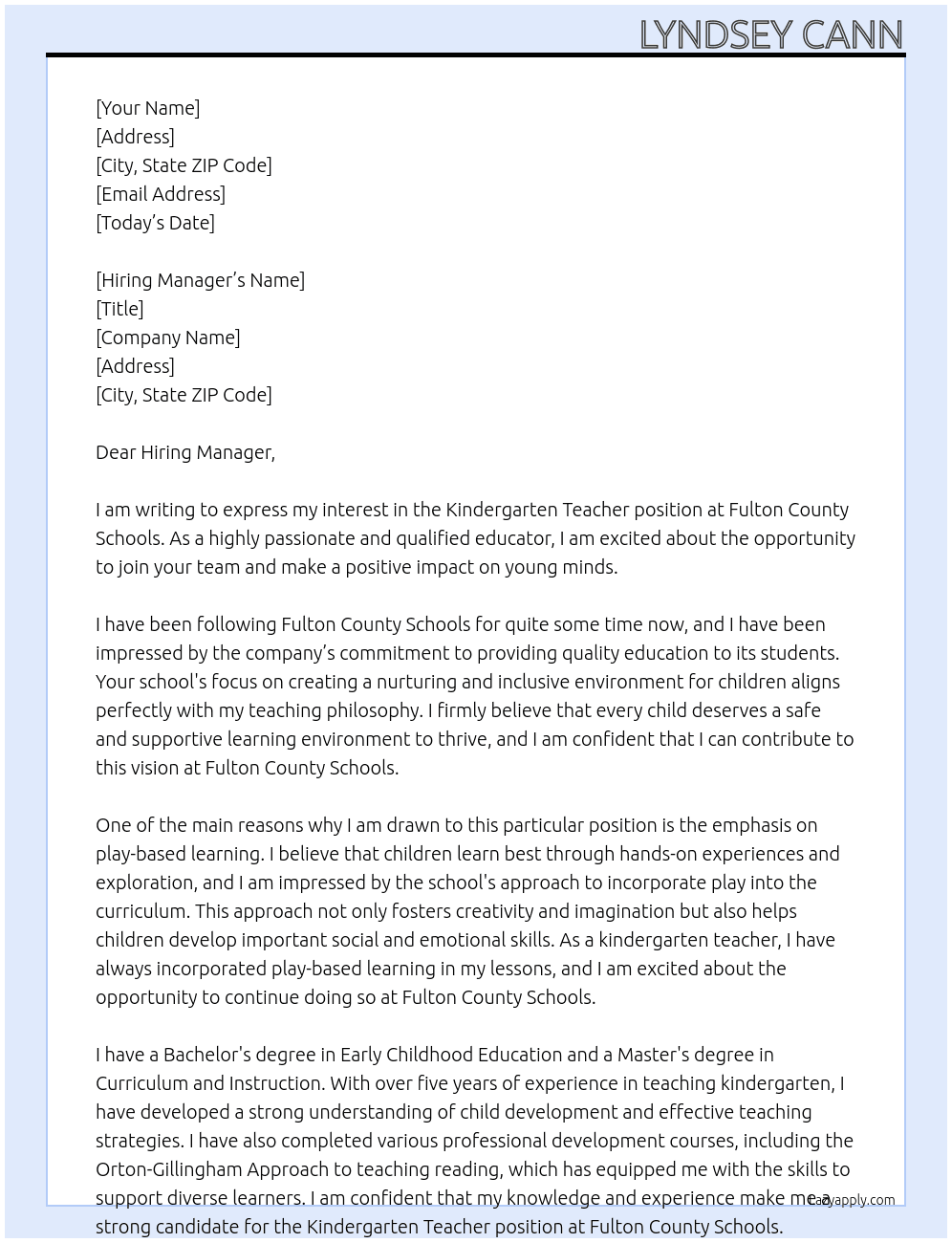 Kindergarten Teacher At Fulton County Schools Cover Letter
