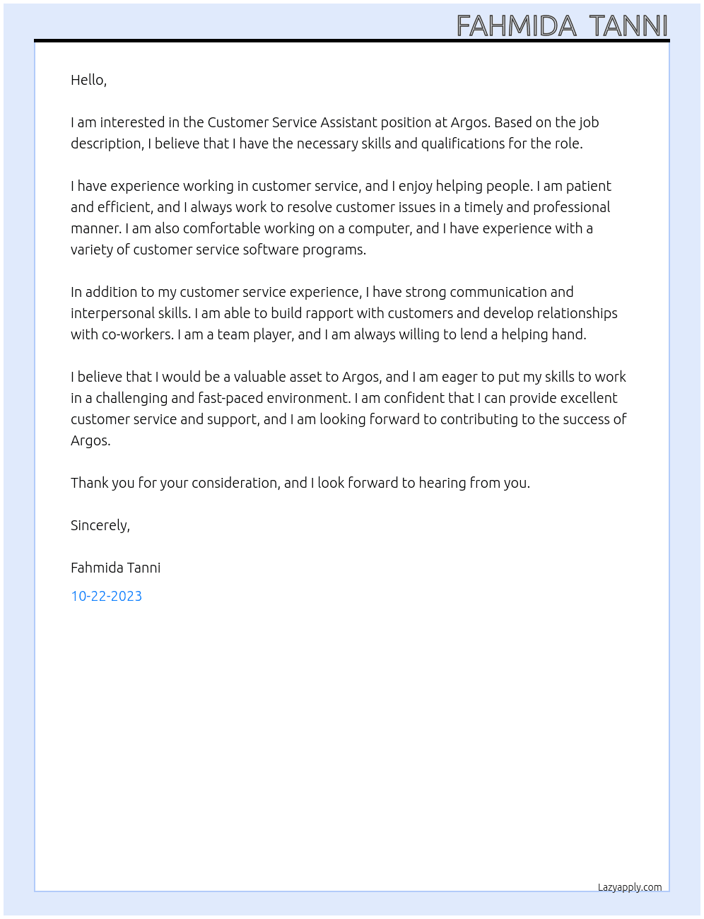 Customer service assistant At Argos Cover Letter