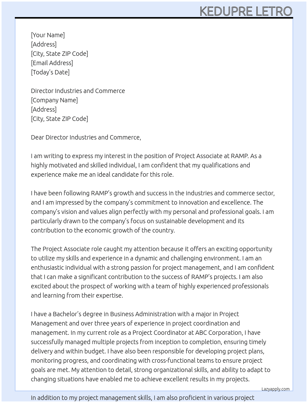 Project Associate At RAMP Cover Letter