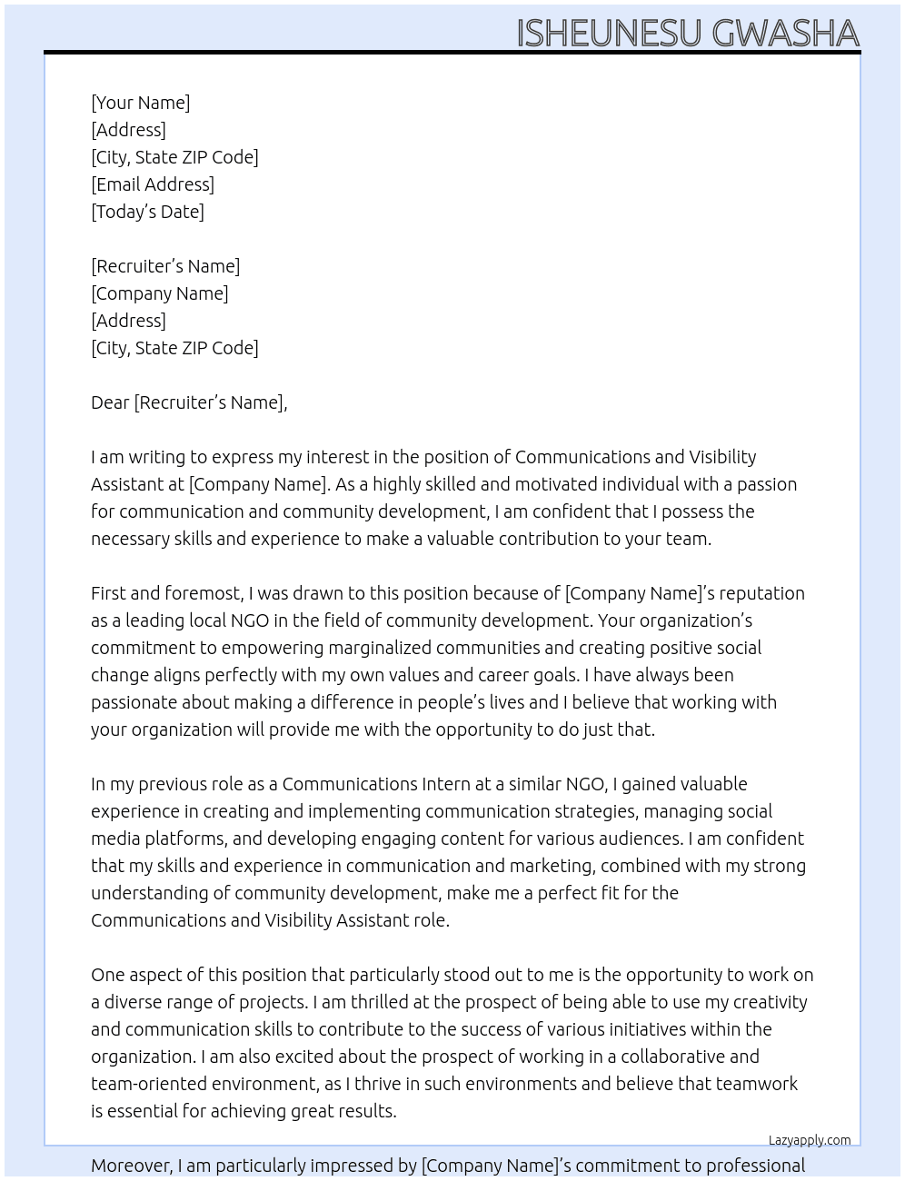 COMMUNICATIONS AND VISIBILITY ASSISTANT At local NGO Cover Letter