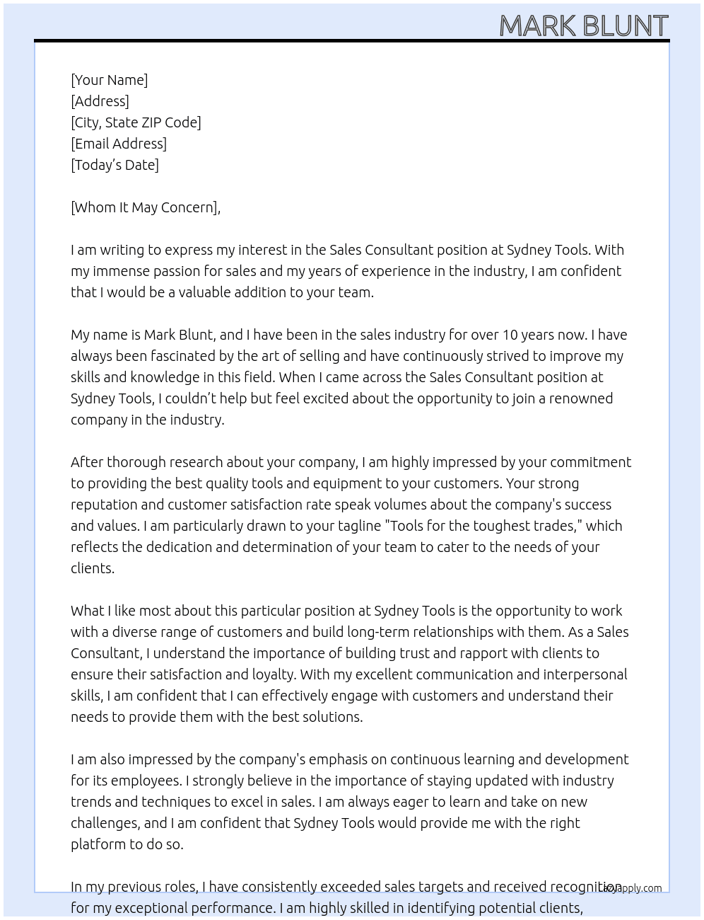Sales consultant At Sydney Tools Cover Letter