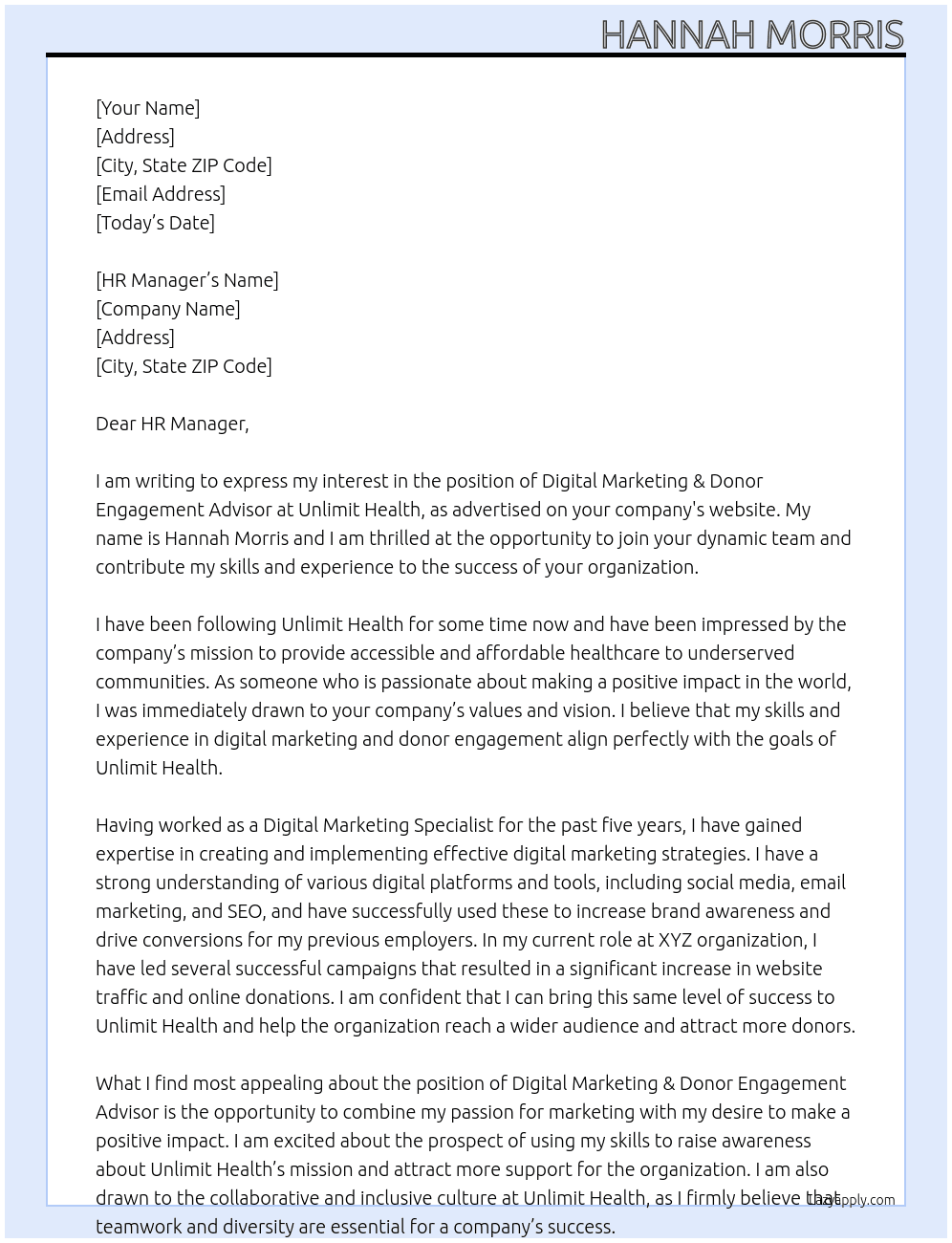 Digital Marketing & Donor Engagement Advisor At Unlimit Health Cover Letter