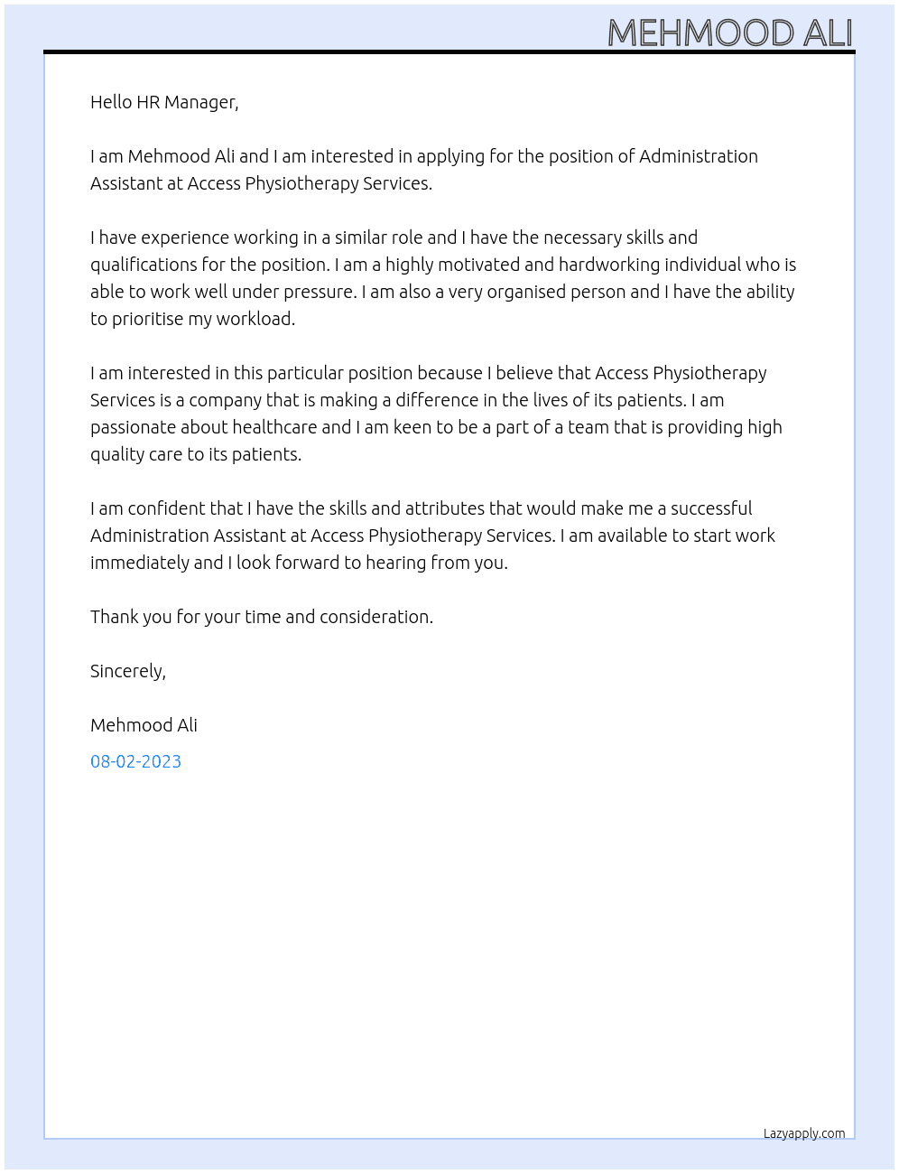 Administration Assistant At Access Physiotherapy Services Cover Letter