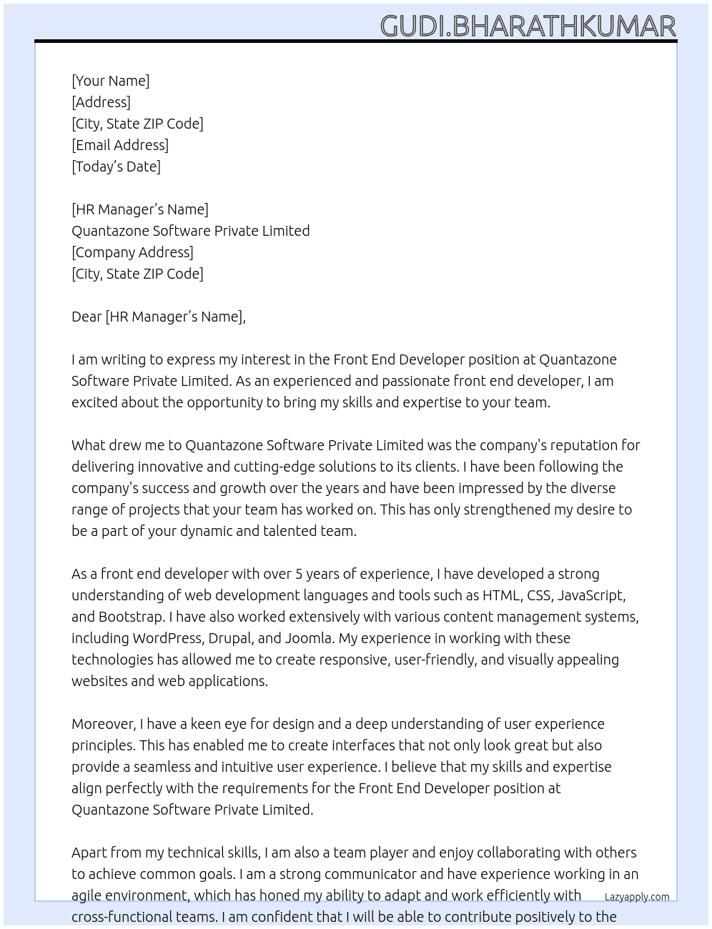 front end developer At Quantazone Software Private Limited Cover Letter