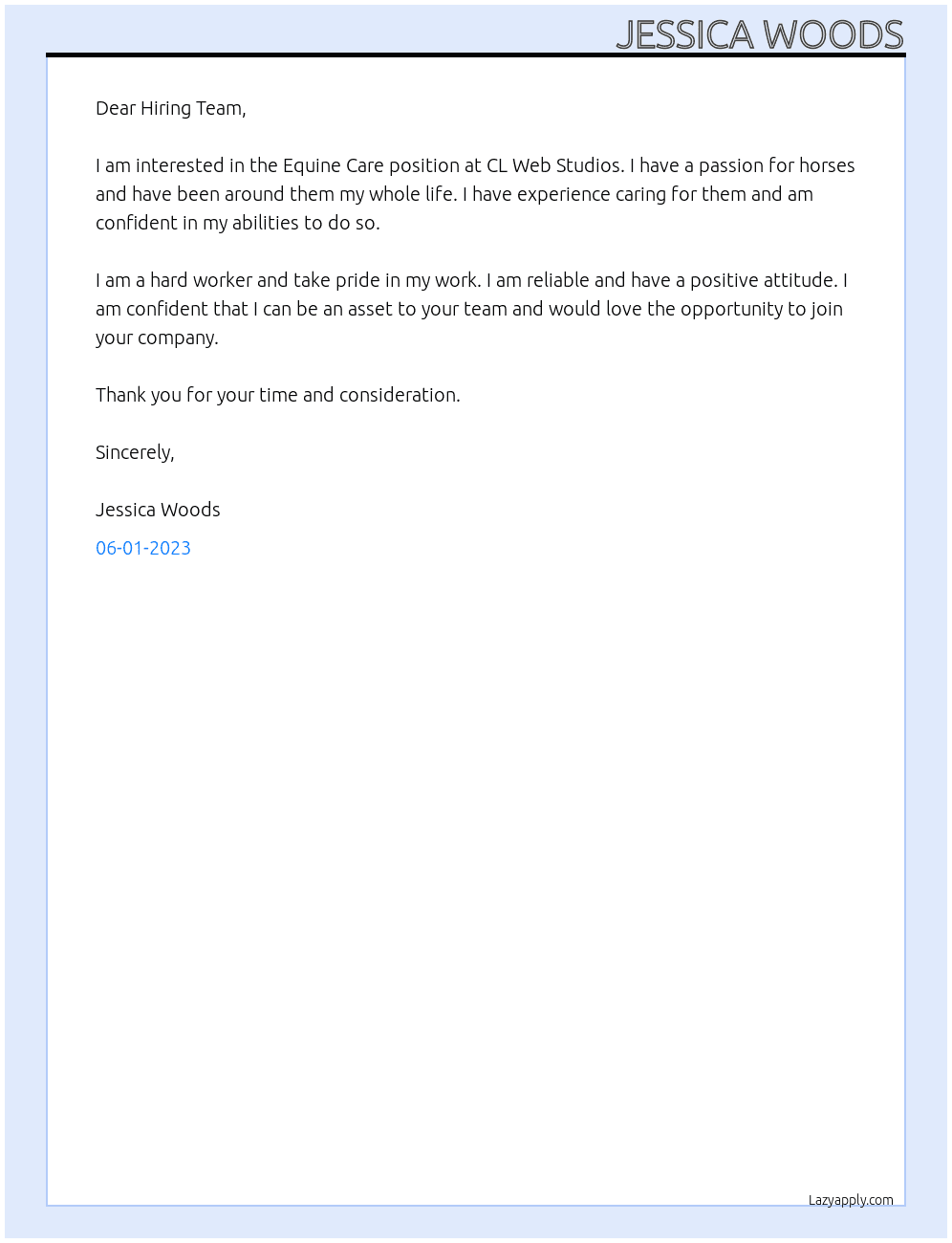 Equine Care  At CL Web Studios Cover Letter