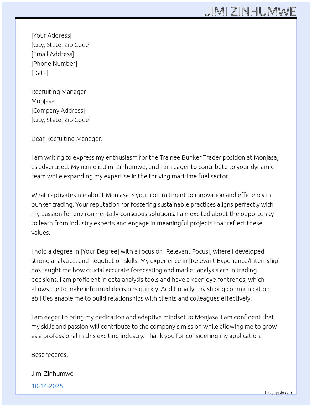 Trainee bunker trader At Monjasa  Cover Letter