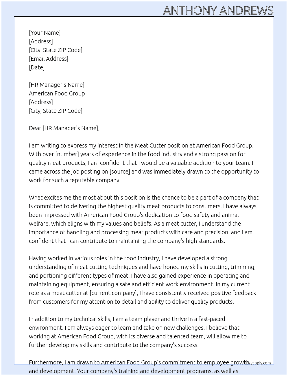 Meat cutter At American food group  Cover Letter