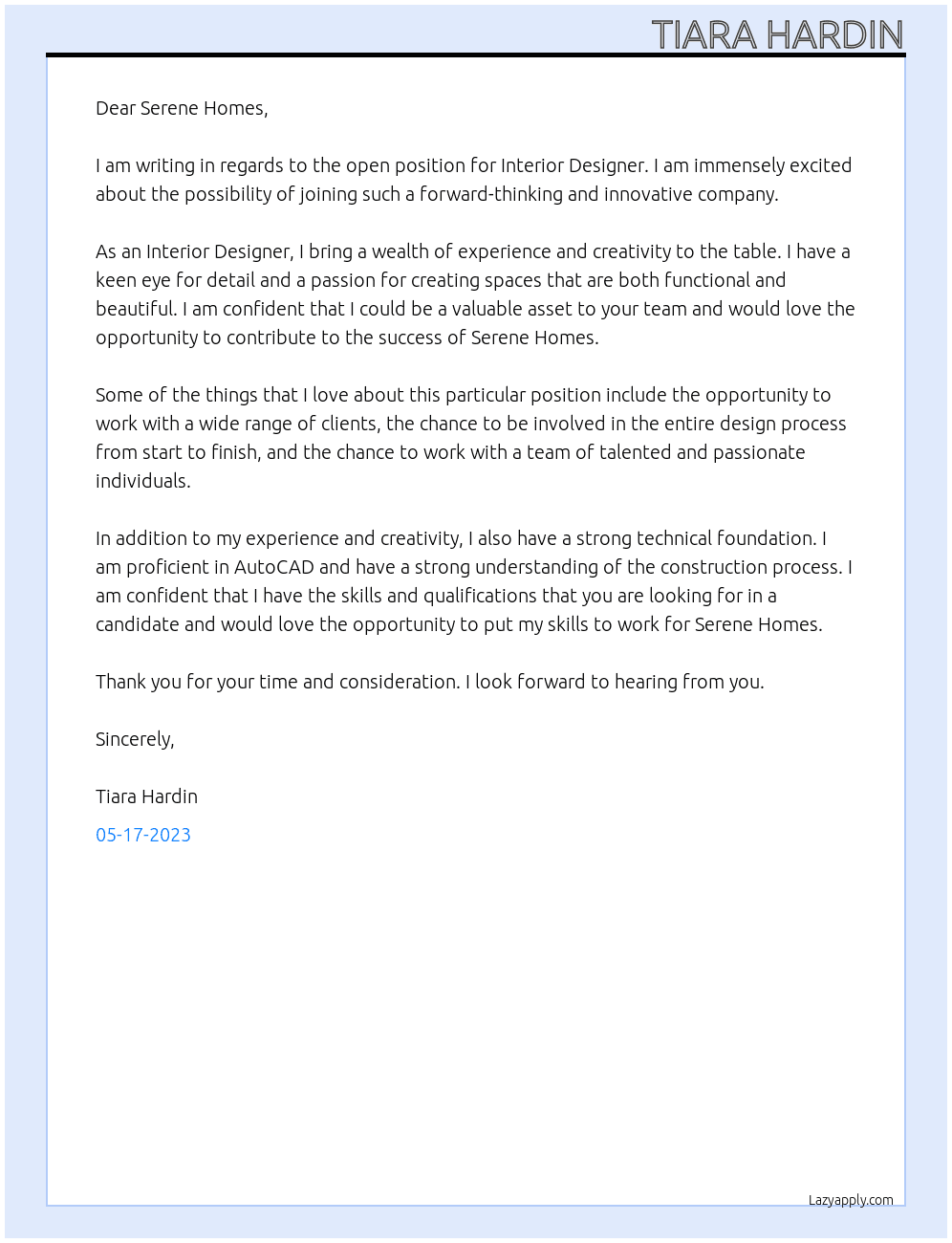 Interior Designsr At Serene homes  Cover Letter