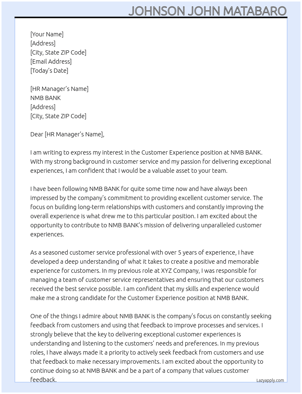 Customer experience At NMB BANK Cover Letter