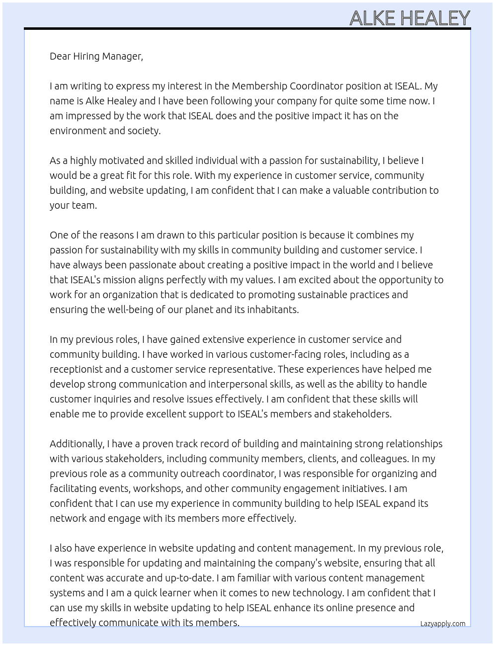 membership coordinator At ISEAL Cover Letter