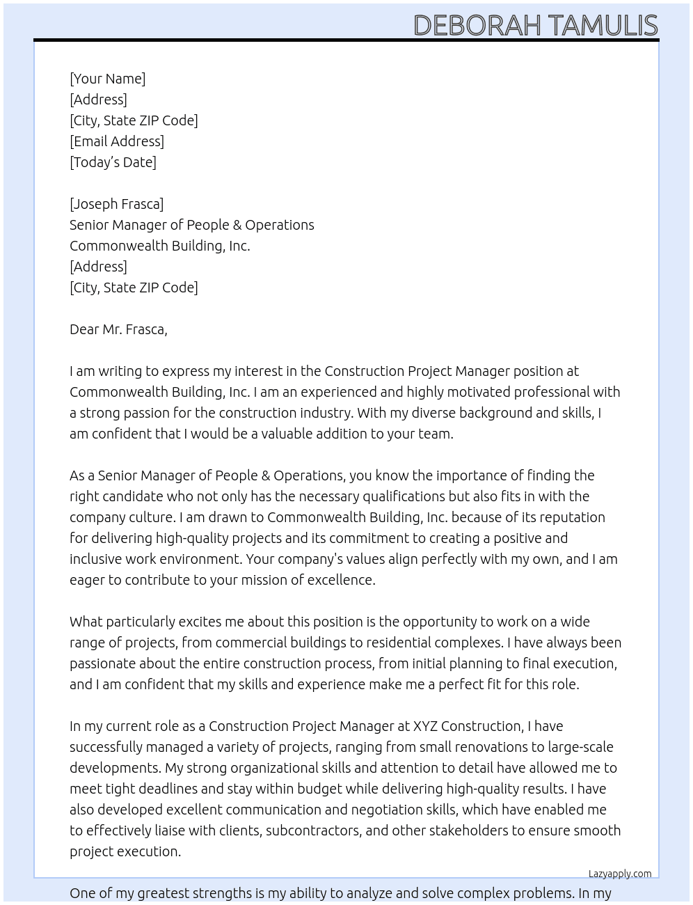 Construction Project Manager At Commonwealth Building, Inc.a Cover Letter