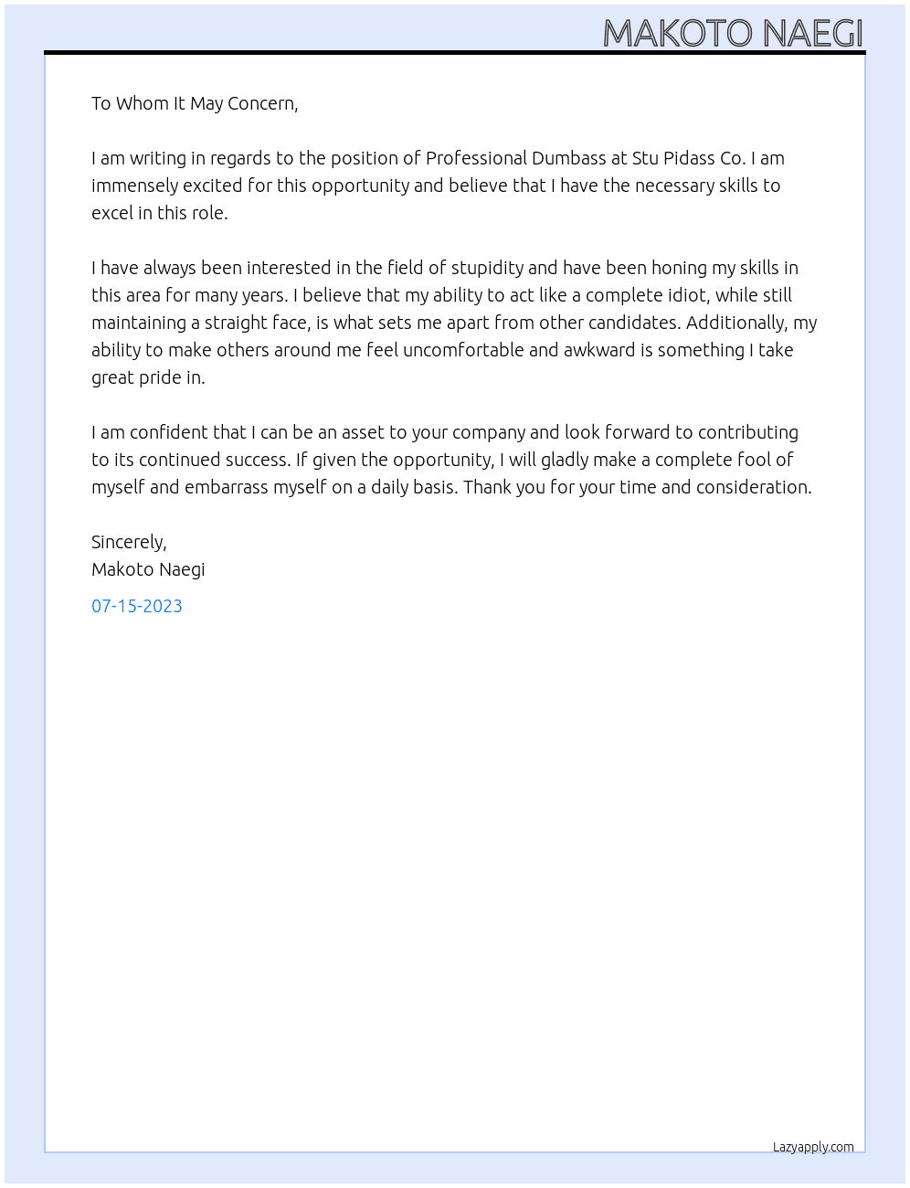 Professional Dumbass At Stu Pidass Co. Cover Letter
