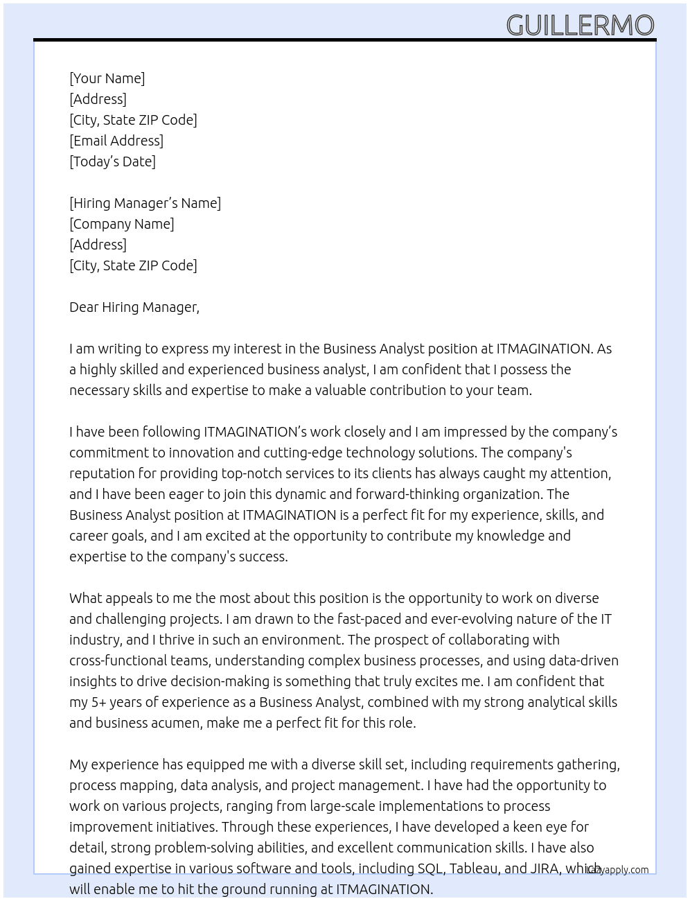business Analyst At ITMAGINATION Cover Letter