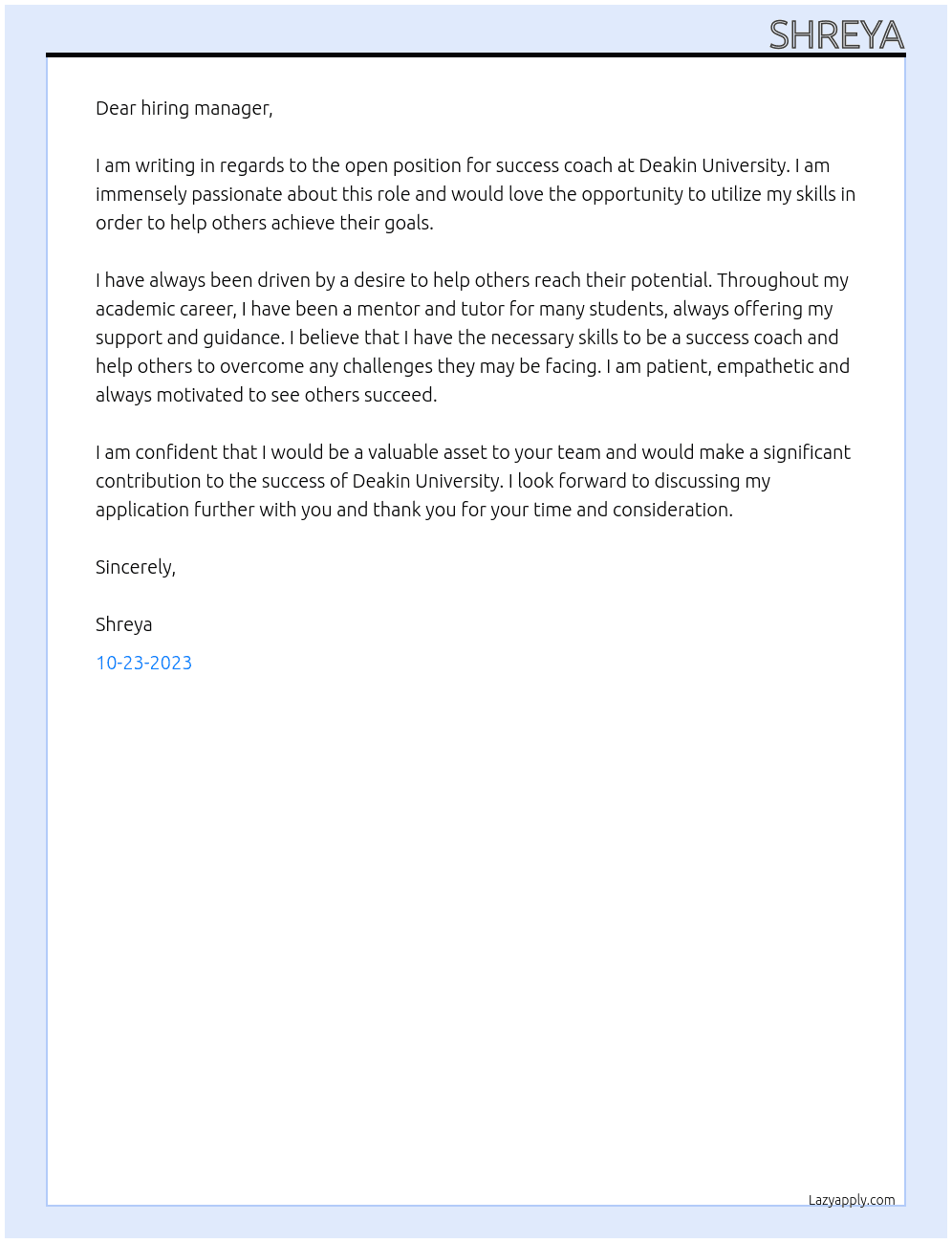 success coach At deakin university Cover Letter