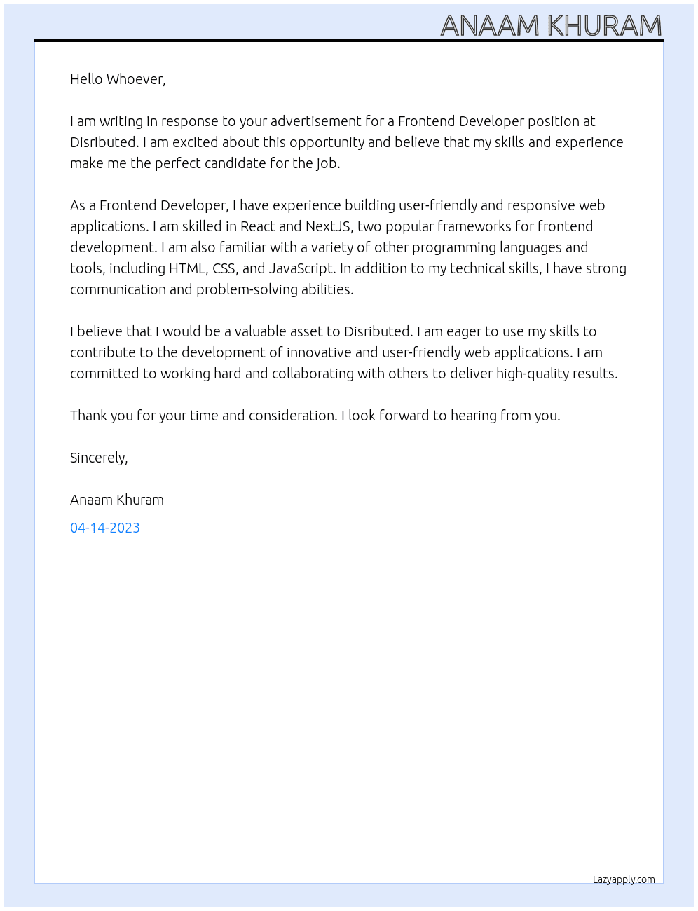 Frontend Developer At Disributed Cover Letter
