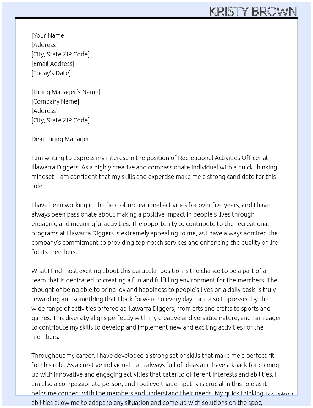 Cover letter for recreational activities officer - LazyApply