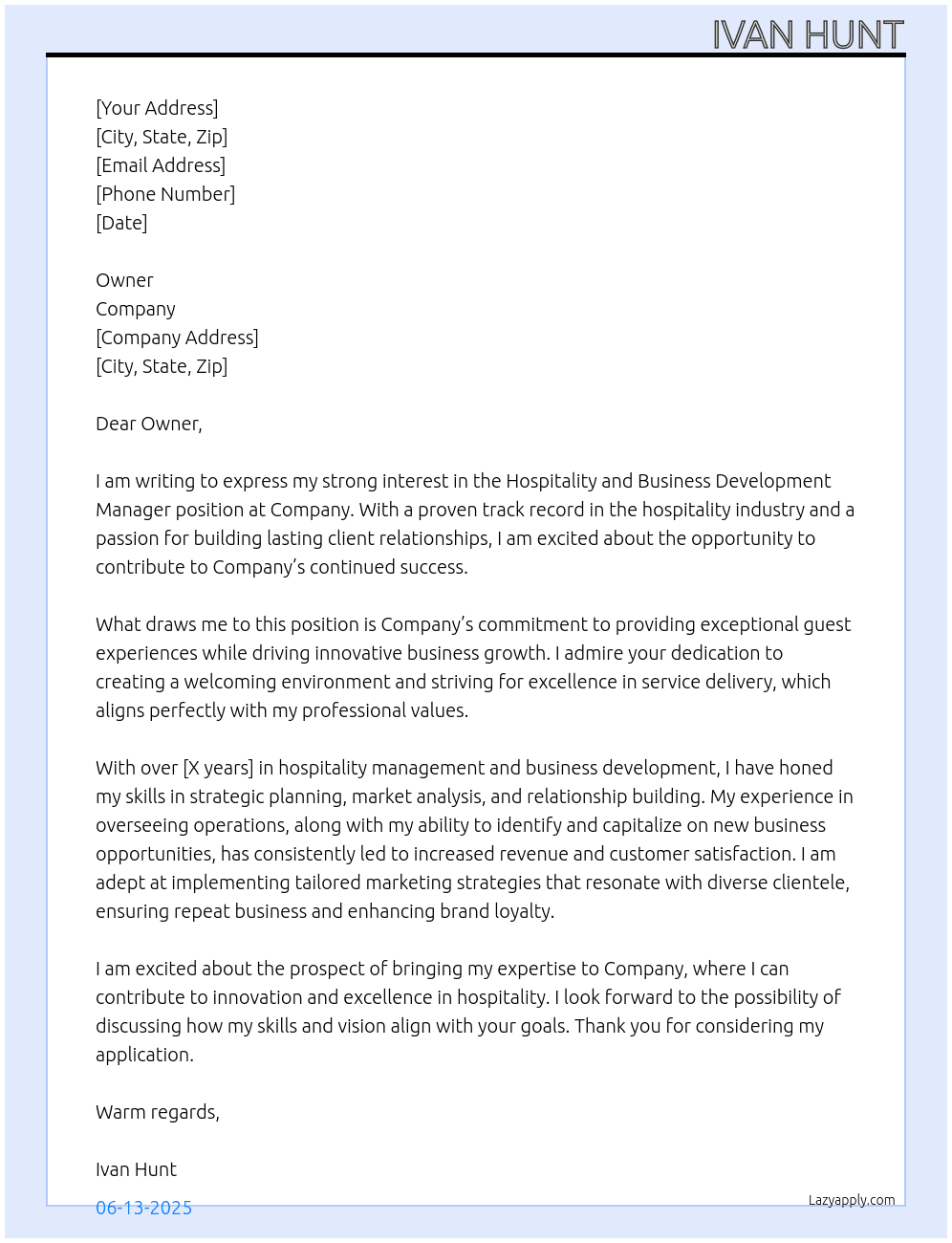 Cover letter for hospitality and business development manager - LazyApply