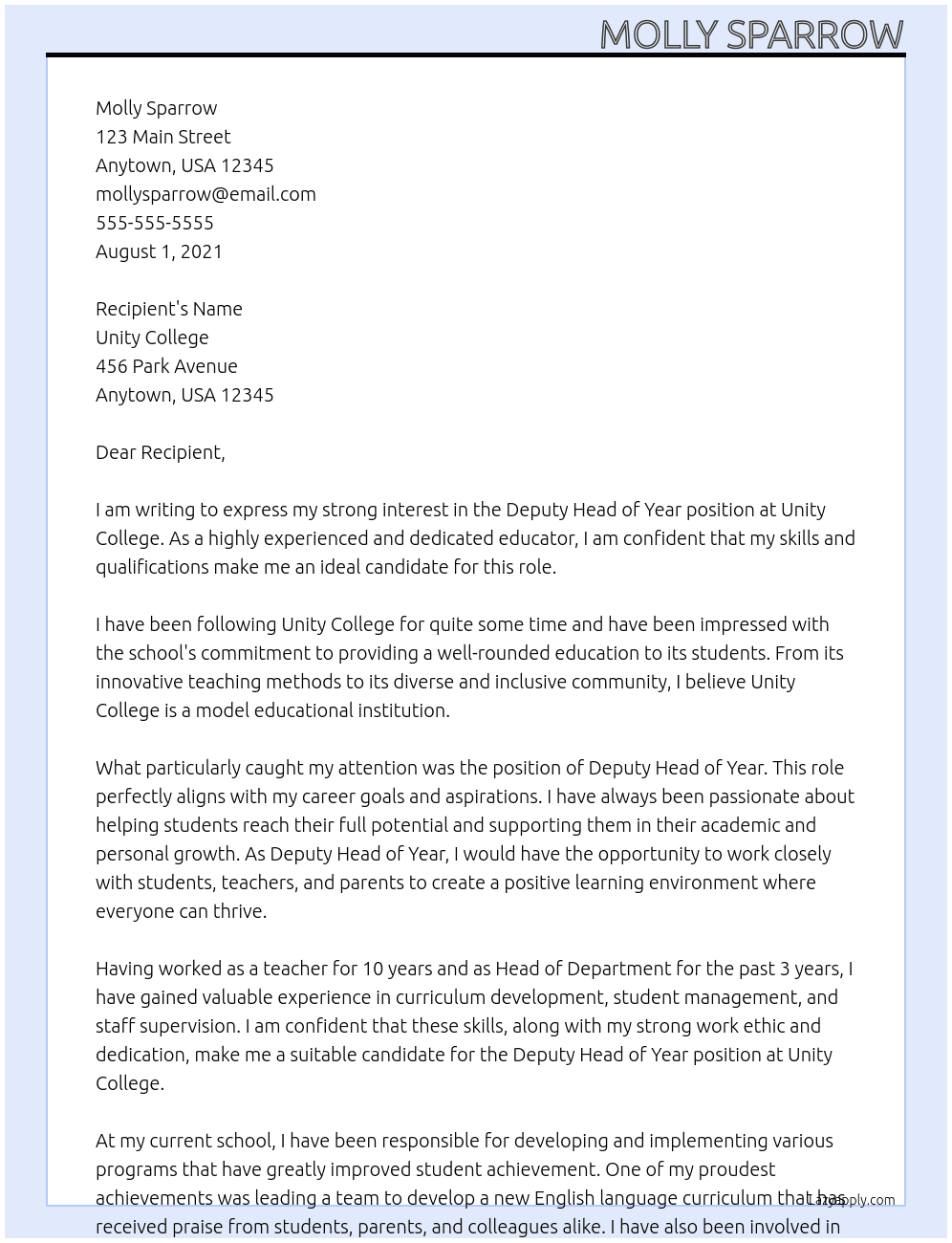 Deputy head of year At Unity College Cover Letter