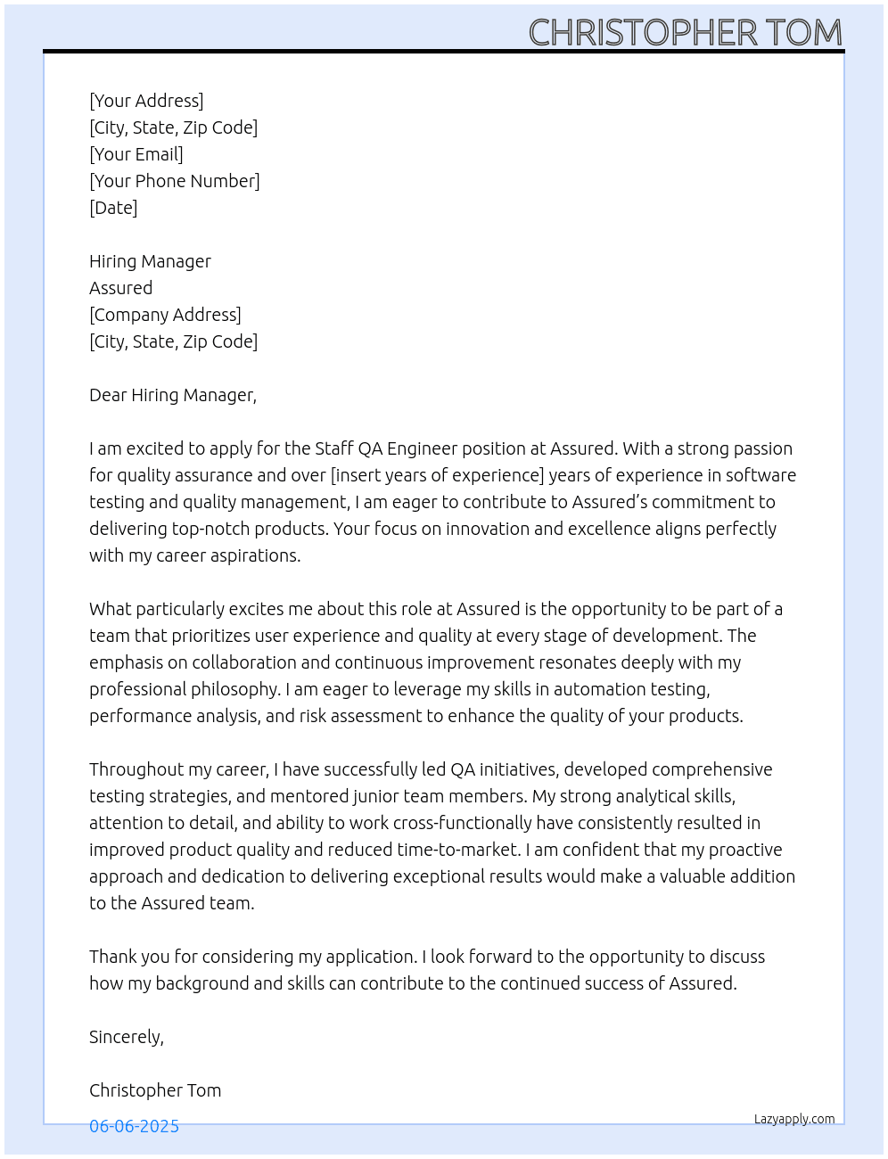 Staff QA Engineer At Assured Cover Letter