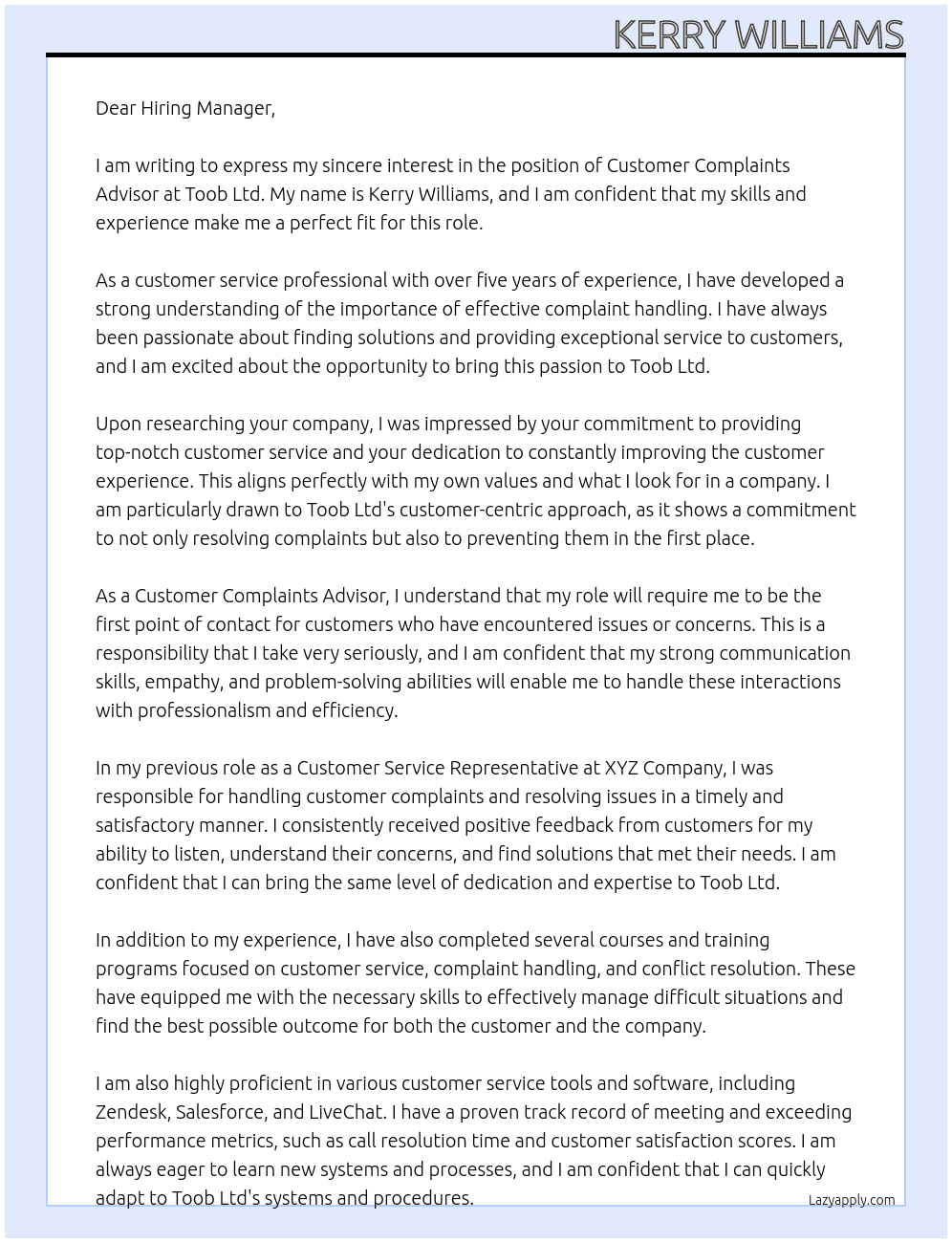 Customer Complaints Advisor  At Toob Ltd Cover Letter