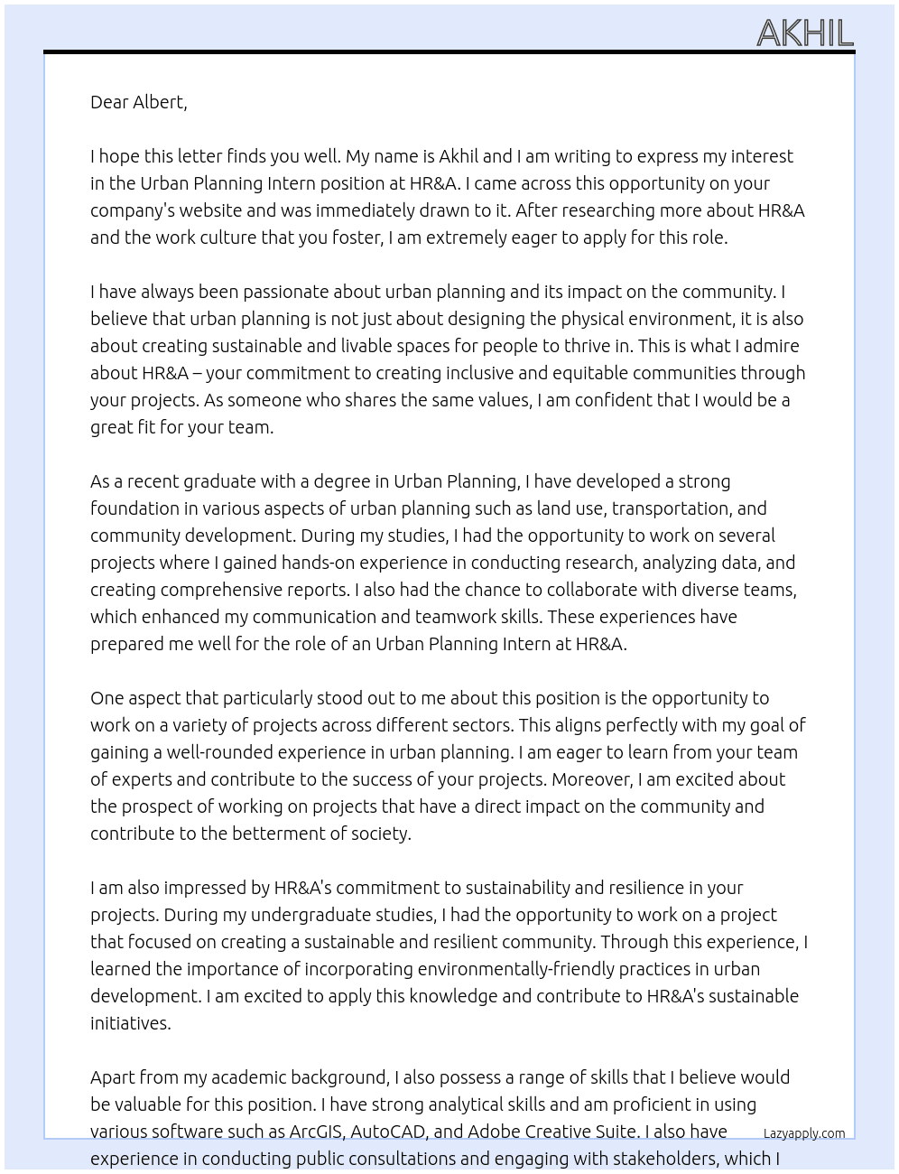Urban Planning Intern  At HR&A Cover Letter