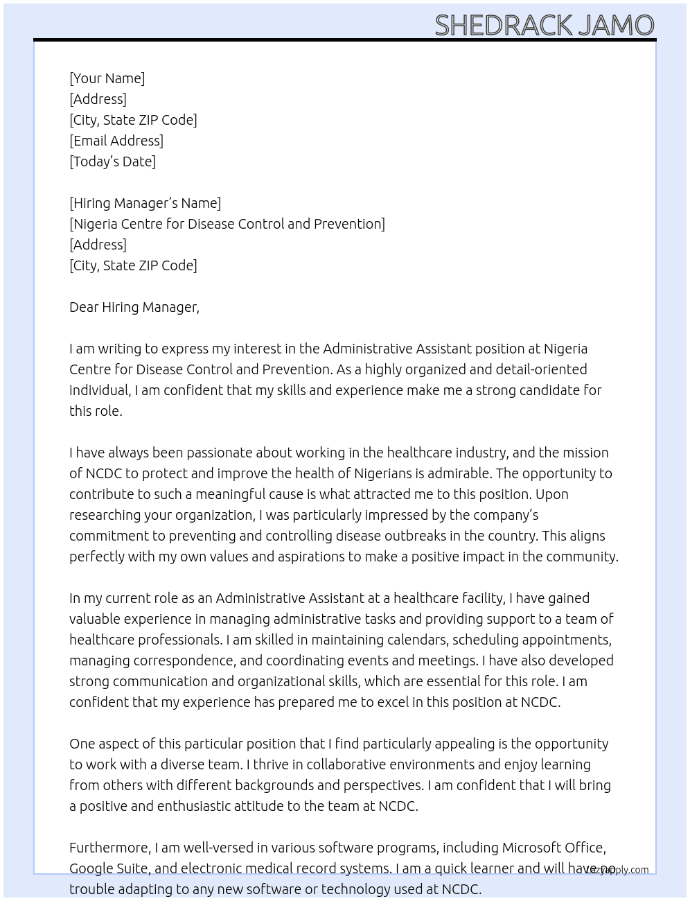 Administrative assistant At Nigeria Centre for Disease Control and Prevention Cover Letter