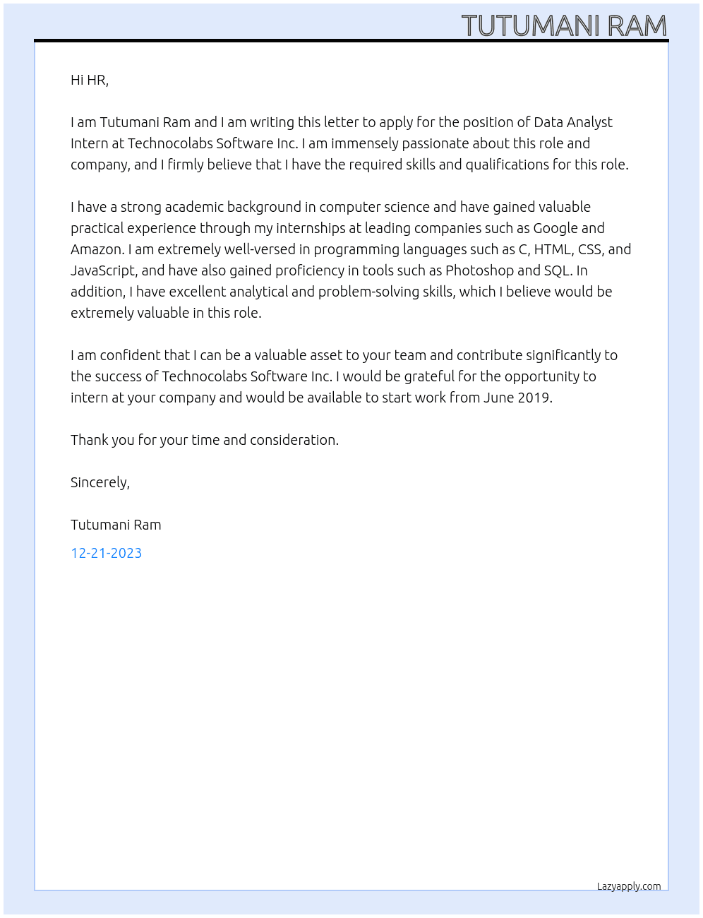 Data Analyst Intern  At Technocolabs Software Inc. Cover Letter