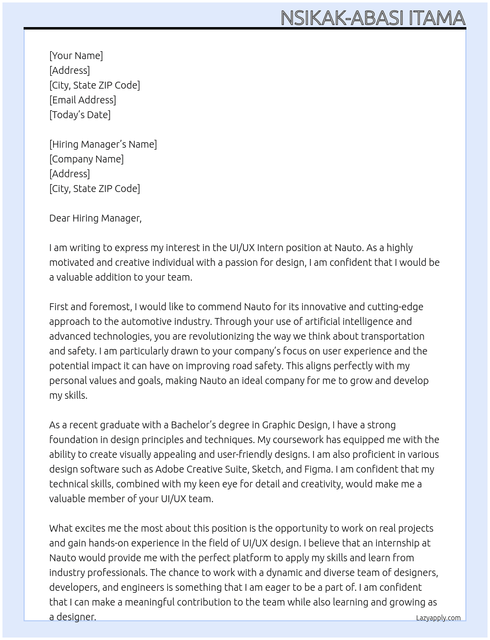 UI/UX Intern At Nauto Cover Letter