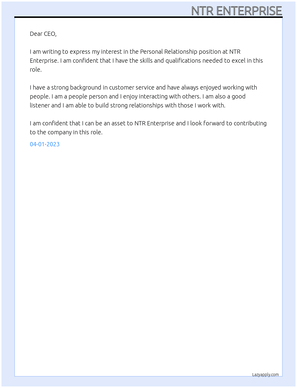 Personal Relationship At NTR Enterprise Cover Letter