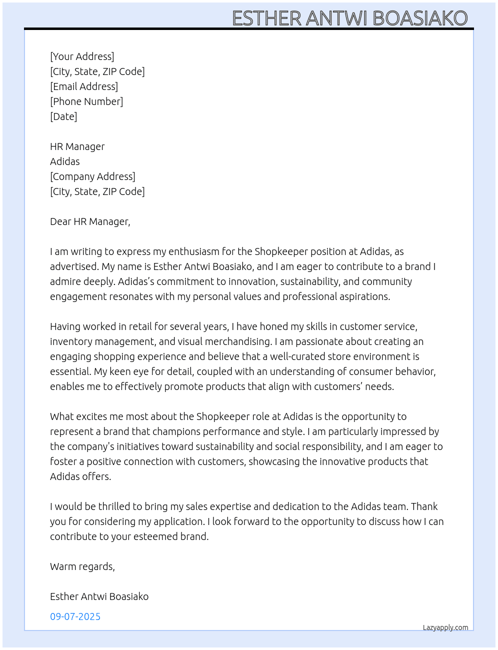Shopkeeper  At Adidas  Cover Letter