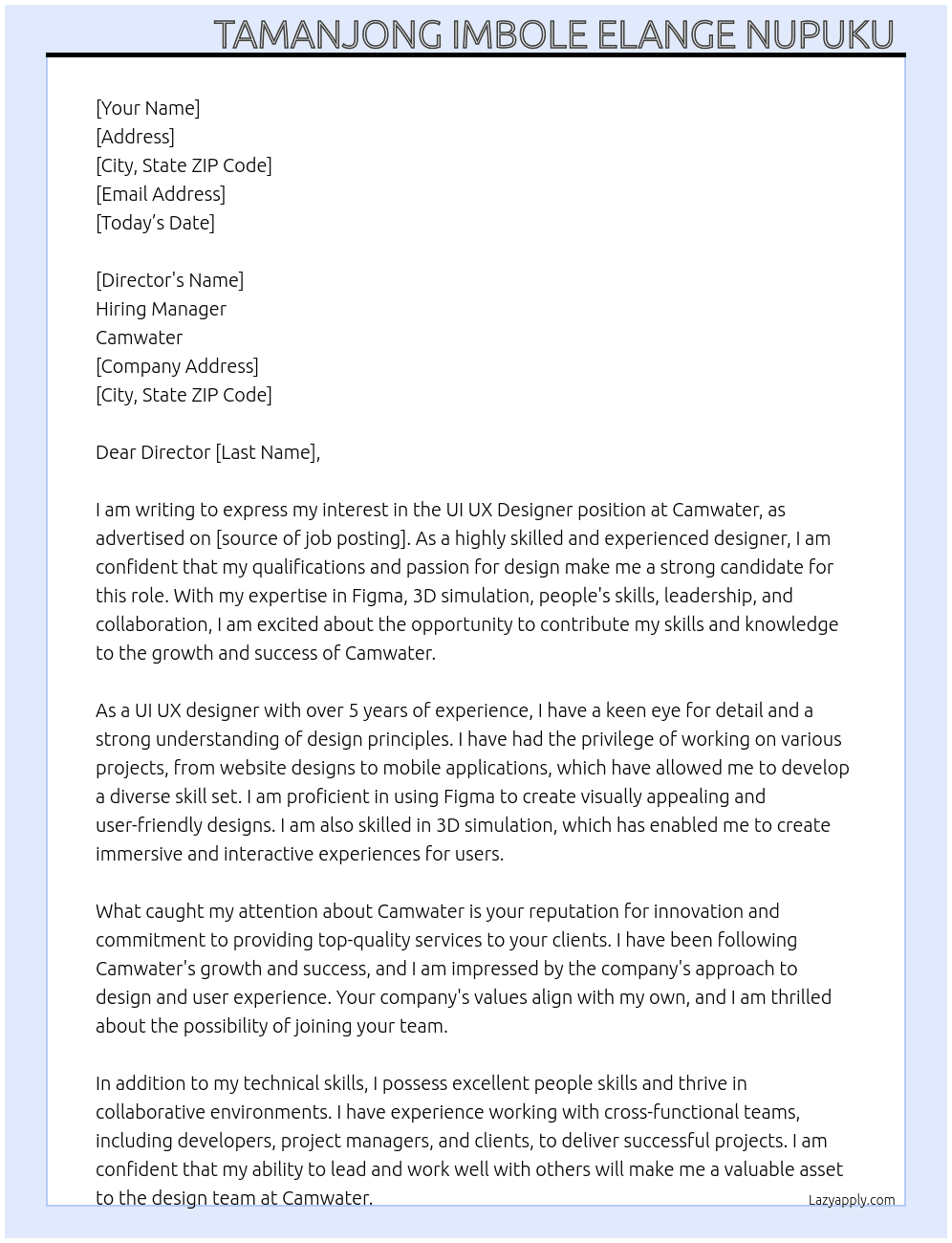 UI UX designer  At Camwater Cover Letter