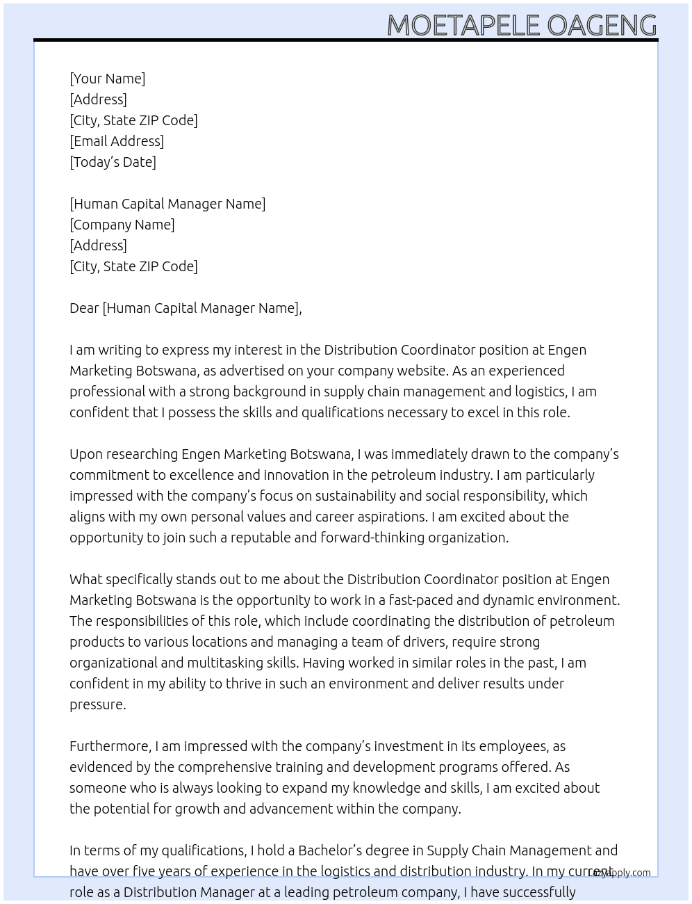 Distribution Coordinator At Engen Marketing Botswana  Cover Letter