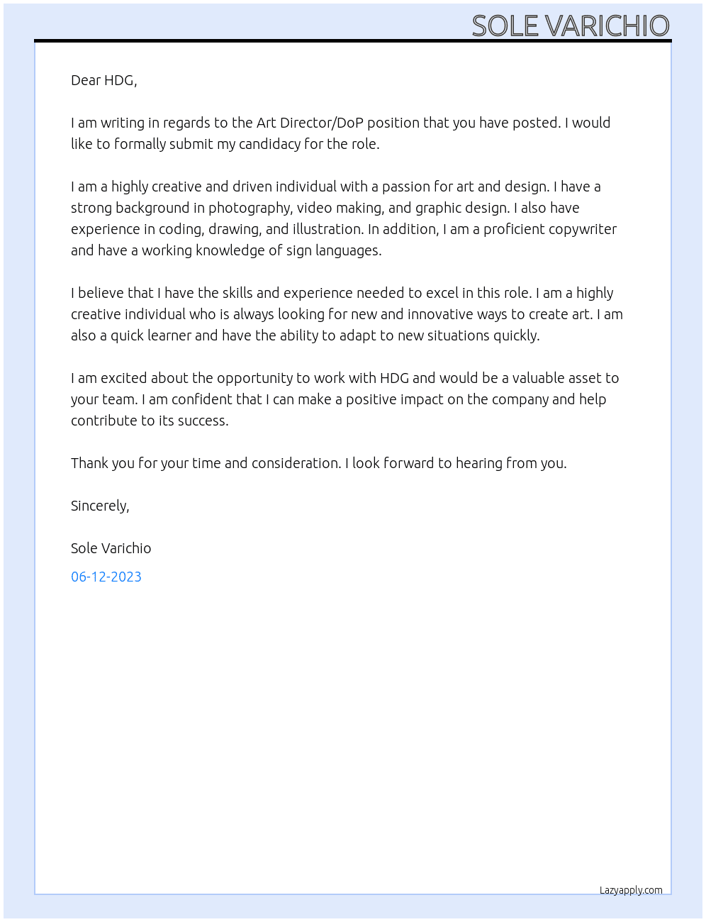 Art Director/DoP At HDG Cover Letter
