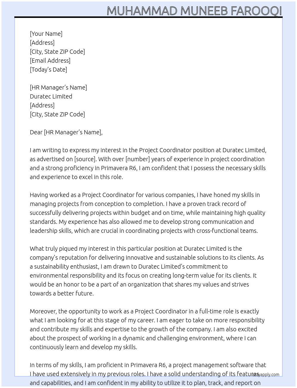 Project coordinator At Duratec limited  Cover Letter