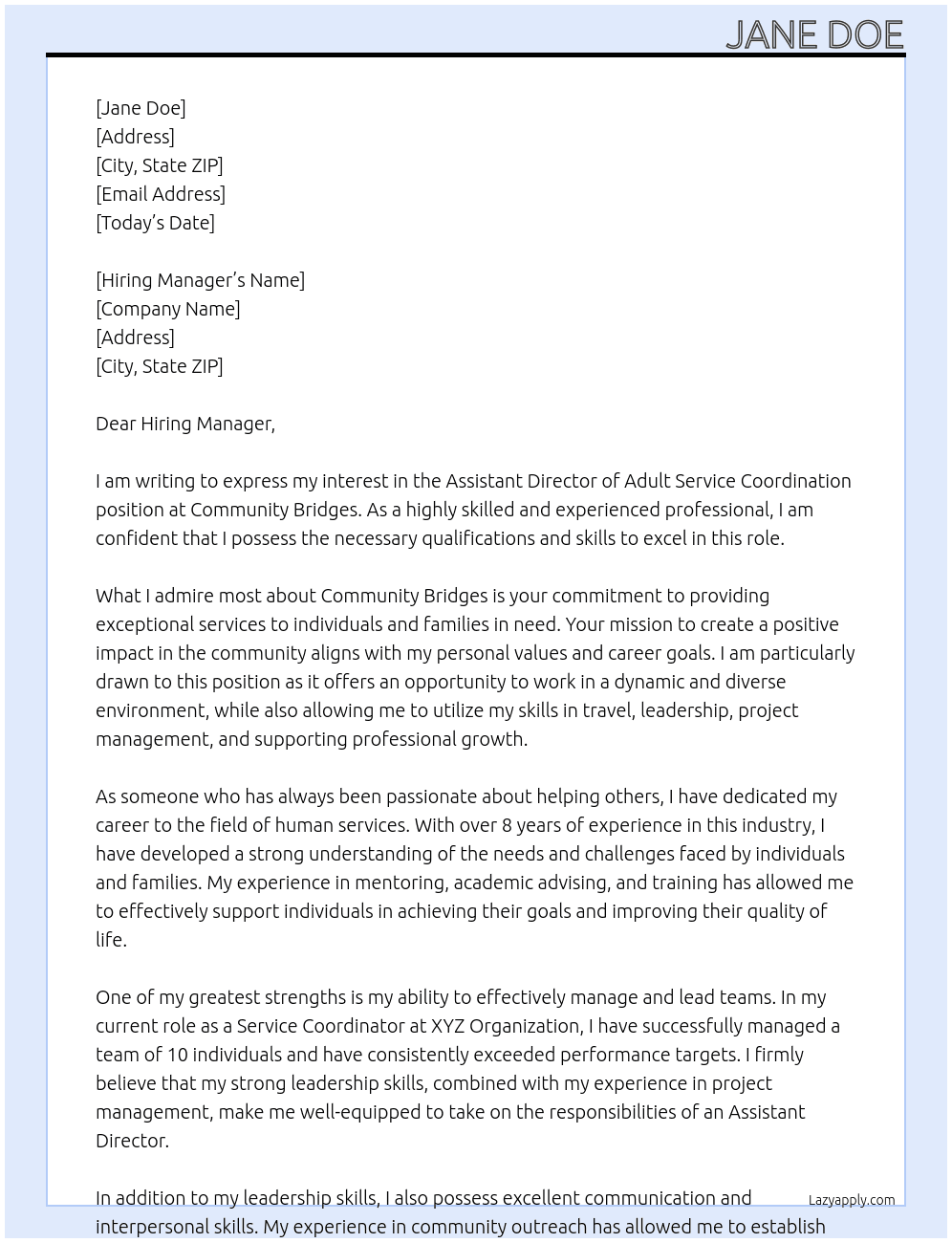 Assistant Director of Adult Service Coordination At Community Bridges Cover Letter