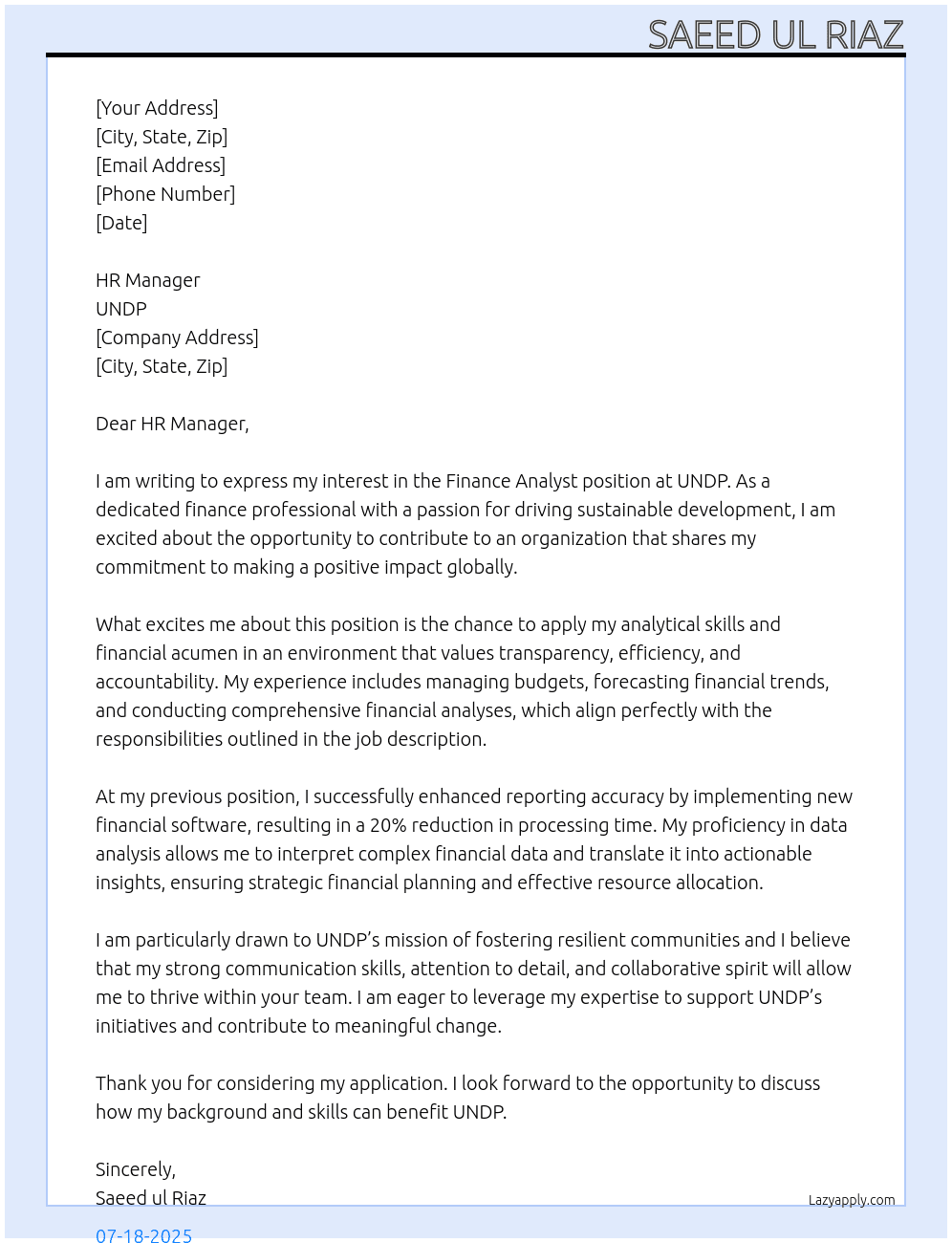 Finance Analyst At UNDP Cover Letter