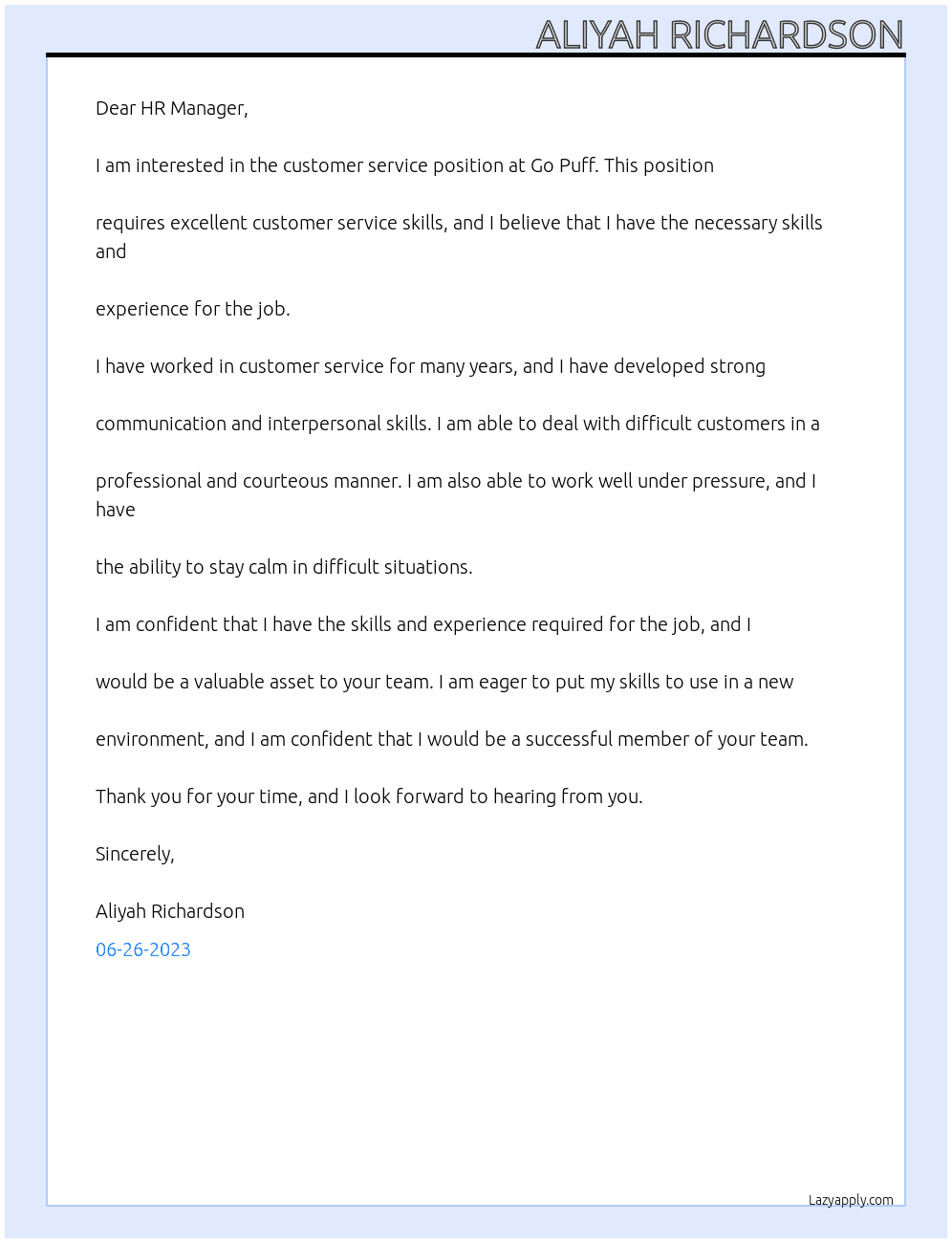 Customer service At Go Puff Cover Letter