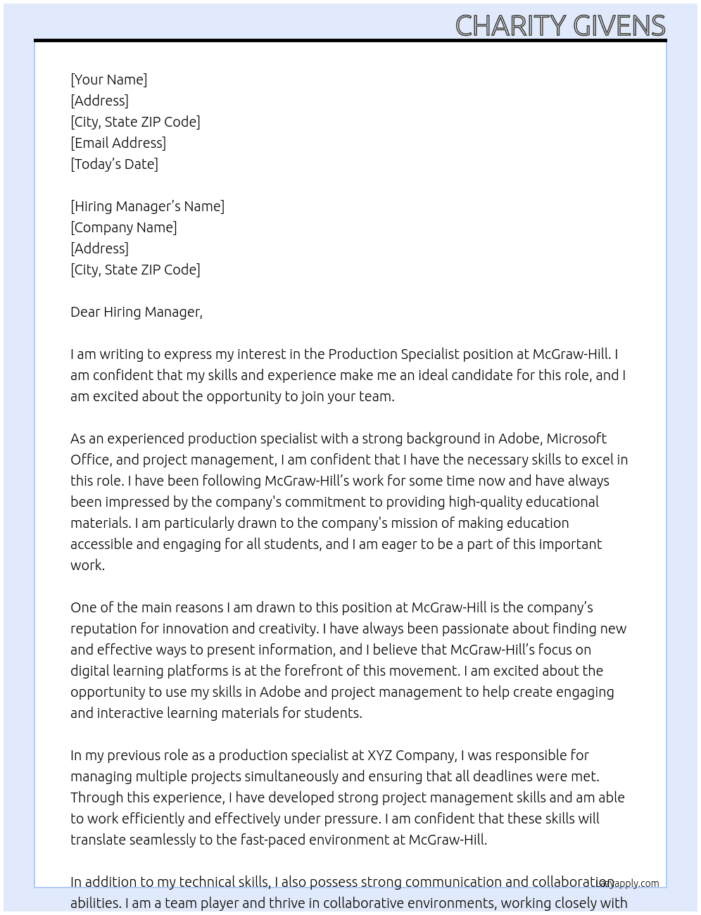 Production Specialist At McGraw-Hill Cover Letter