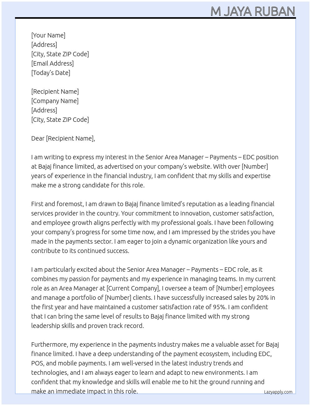 Senior Area Manager - Payments - EDC At Bajaj finance limited Cover Letter
