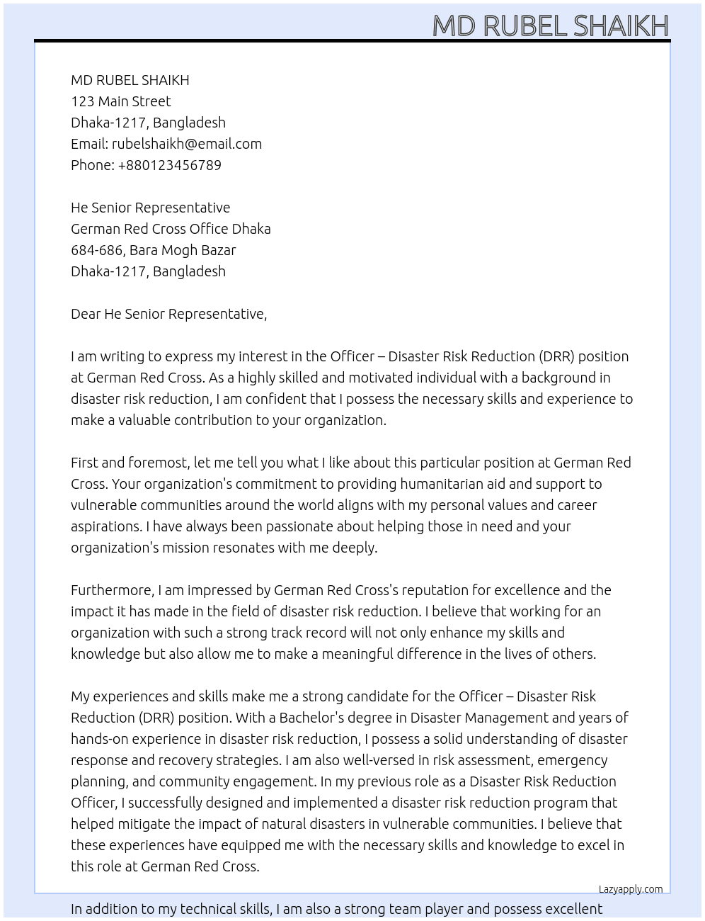 Officer – Disaster Risk Reduction (DRR) At German Red Cross Cover Letter