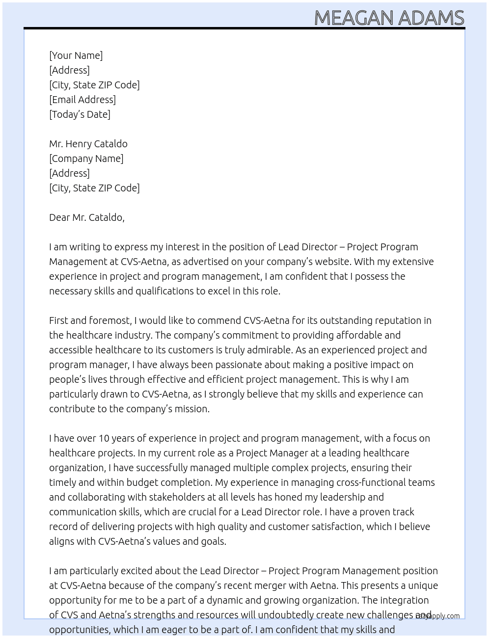 Lead Director – Project Program Management At CVS-Aetna Cover Letter