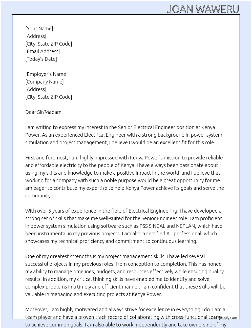 Electrical Engineer At Kenya Power Cover Letter