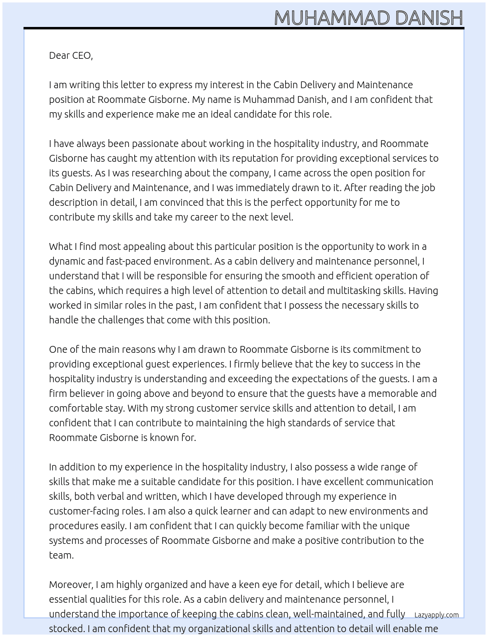 Cabin delivery and maintenance At Roommate Gisborne Cover Letter